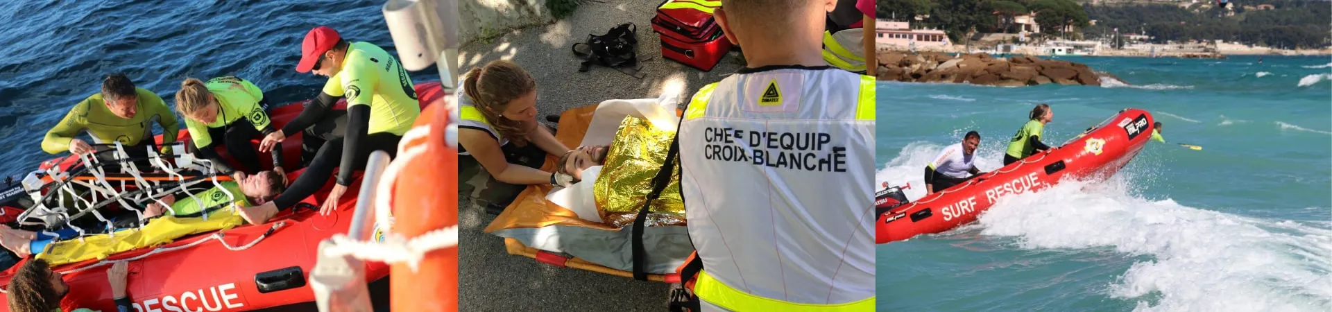 Une cheffe d'équipe Croix Blanche, de dos, s'occupe d'une victime couverte d'une couverture de survie.